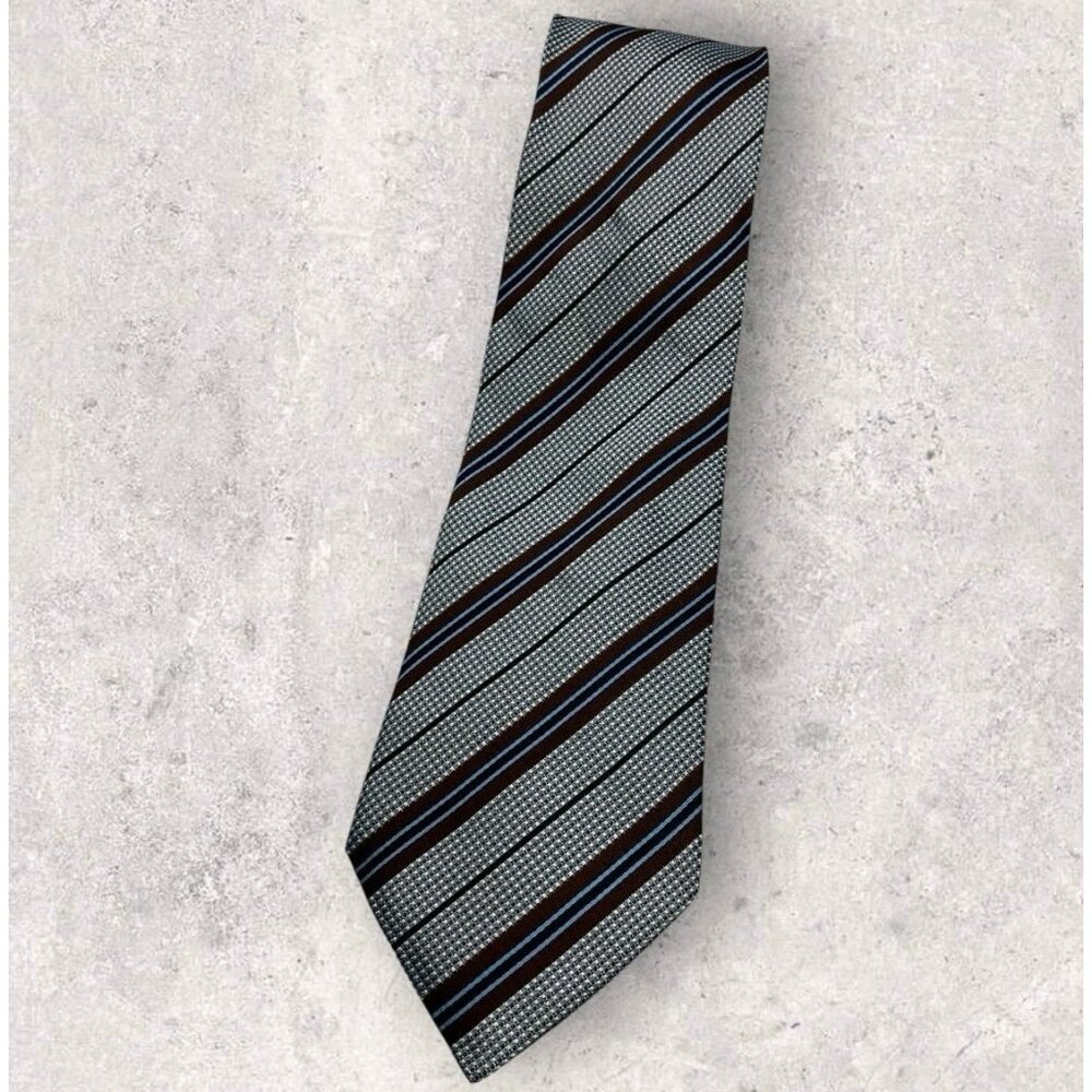 ETRO Silk Tie ITALY Silver Brown Blue Geometric Striped W:3.7" EUC